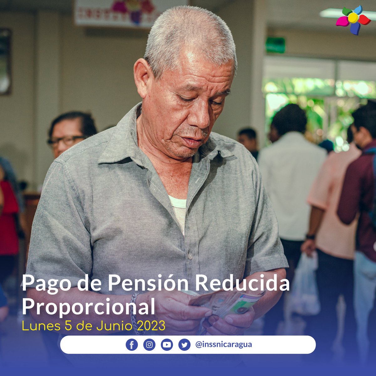 #INSS | ‼️Este próximo lunes 5 de Junio nos preparamos para el Pago de Pensión Reducida Proporcional✅

📍Les esperamos en nuestros Centros de Pago INSS

#SolidaridadYJusticiaSocial