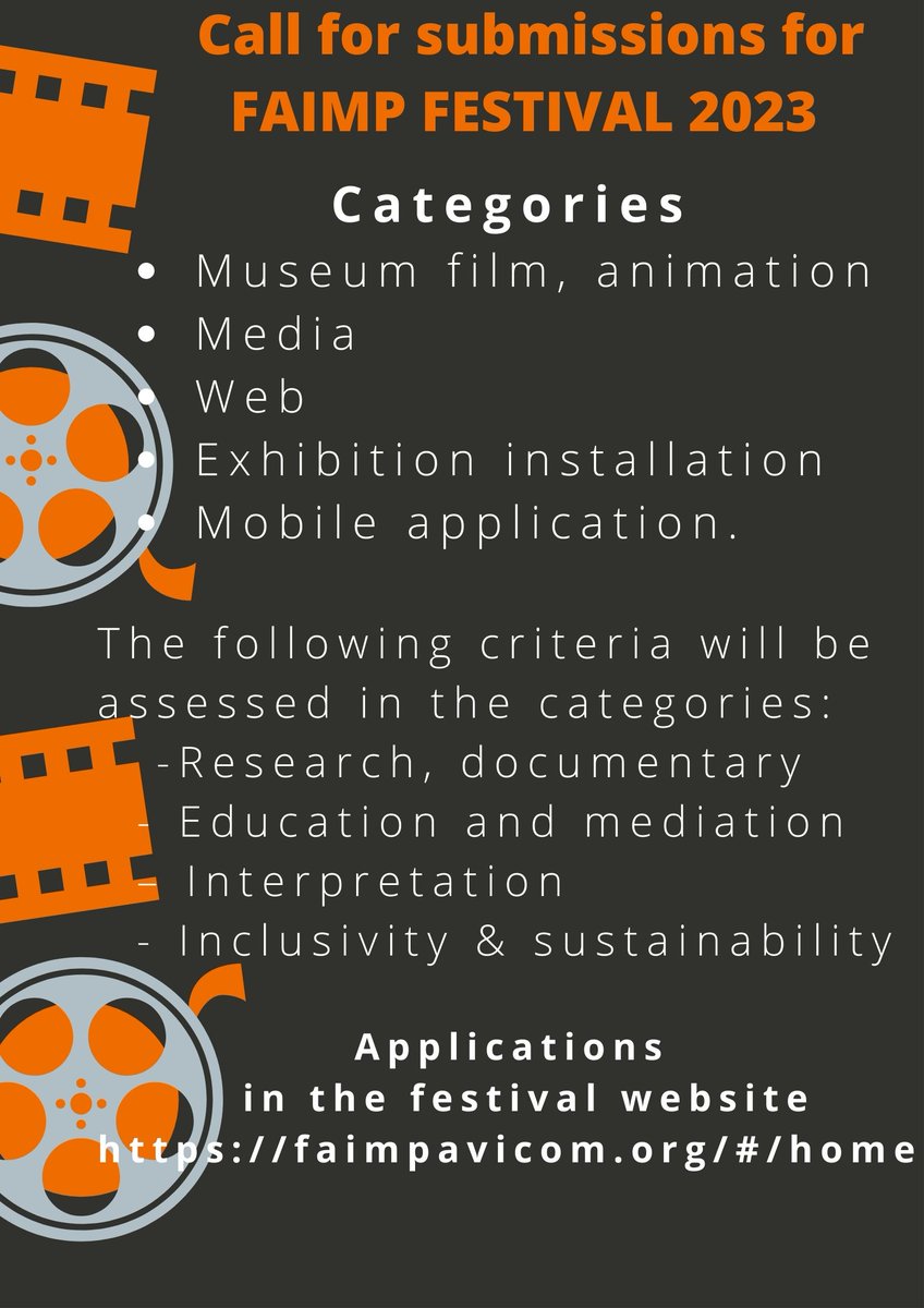 FaimpAvicom's tweet photo. Last days to send you proposals for #FAIMP23 Festival!. The deadline is 18 June at 12 AM CET.
Waiting for your projects @IcomOfficiel @UK_ICOM @icomus @AustraliaIcom @ICOMINDIA @IcomArab @ICOMCanada @AustraliaIcom colleagues!
Apply here https://t.co/drsaIncJuO https://t.co/59Cxvt4xsC