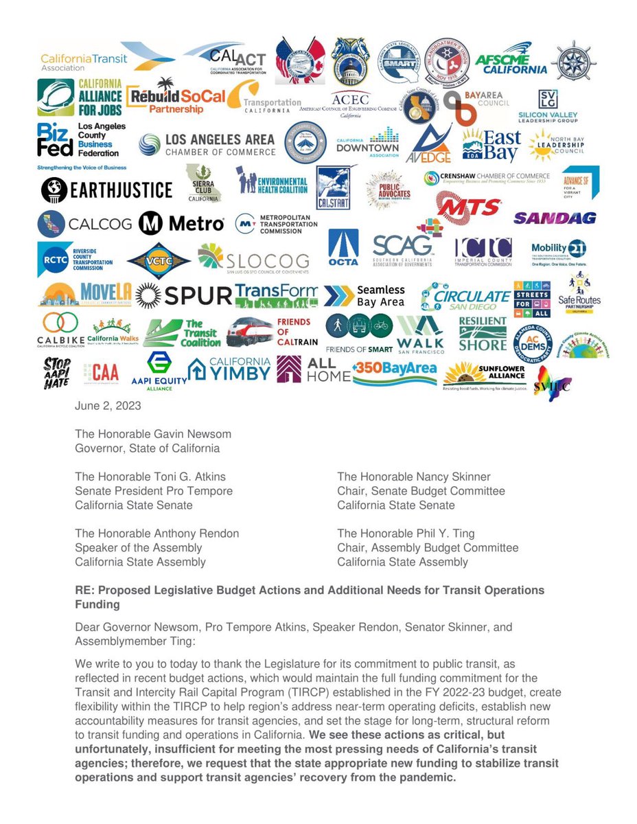 mpimentel88's tweet photo. Transit is essential — not just for mobility, but for our economy, workers, and climate. Today, 60+ CA orgs called on @GavinNewsom @RendonAD62 @SenToniAtkins @NancySkinnerCA @PhilTing to protect the critical budget actions taken last week and also provide new $$$ for transit ops. https://t.co/GJs7XxGK0m
