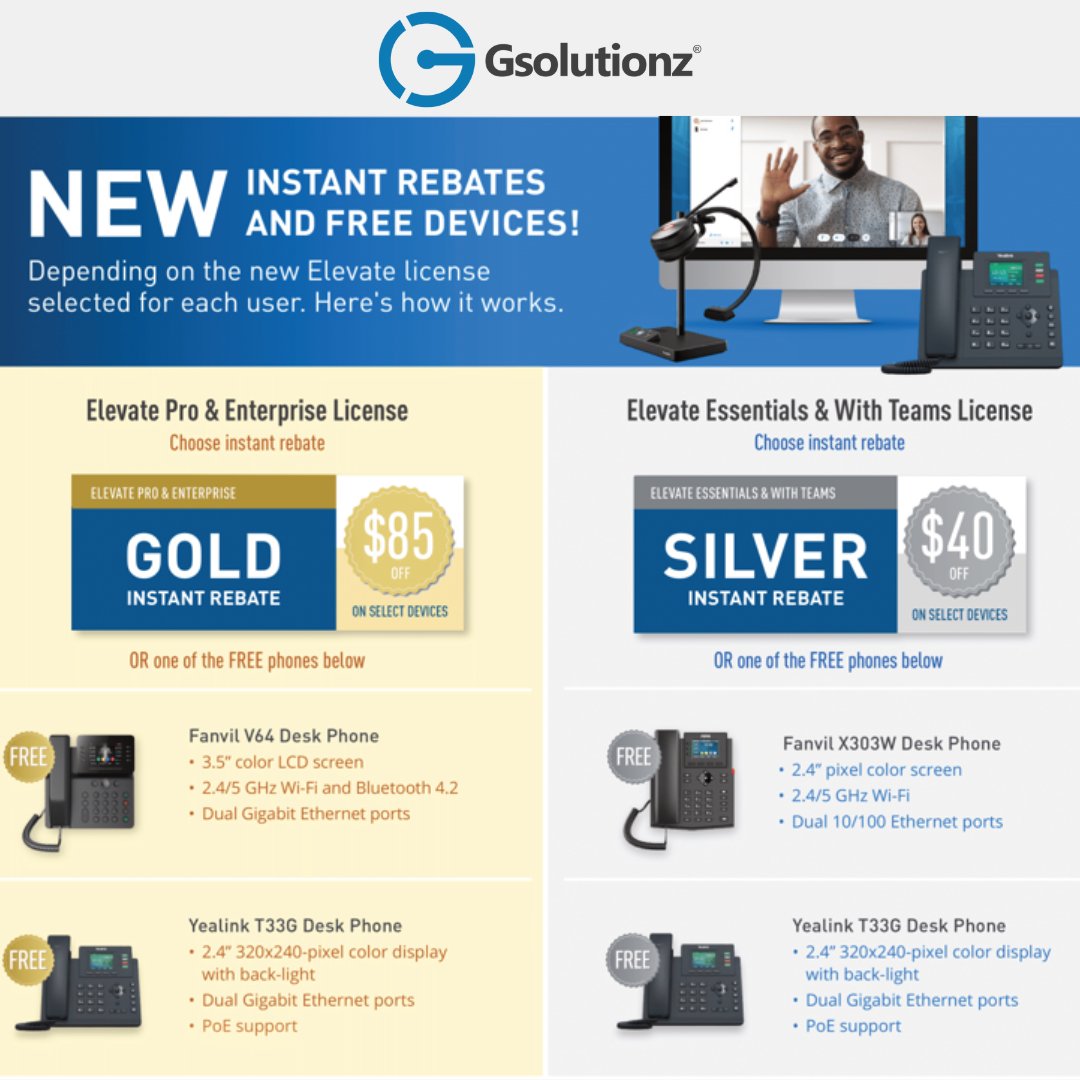 GsolutionzInc's tweet photo. NEW Instant Rebates and Free Devices!

See attached flyer for what you can get today with Elevate!

Let us know if you have any questions!
https://t.co/pdxPmTPpGo

#freephones #freeheadsets #gsolutionz #cloud #ucaas #ccaas https://t.co/kdYL2NkjH4