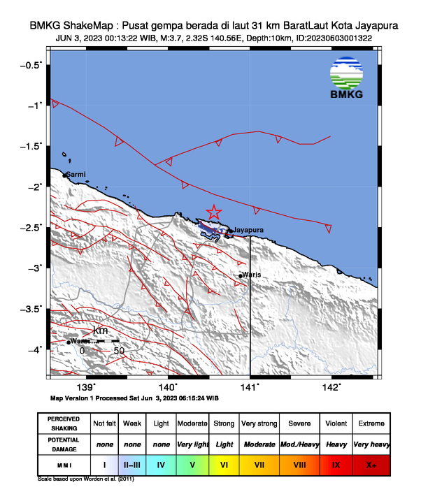 infoBMKG's tweet photo. #Gempa (UPDATE) Mag:3.7, 03-Jun-23 00:13:22 WIB, Lok:2.32 LS, 140.56 BT (Pusat gempa berada di laut 31 km BaratLaut Kota Jayapura), Kedlmn:10 Km Dirasakan (MMI) II-III Kota Jayapura #BMKG https://t.co/lF8kxGfBu7