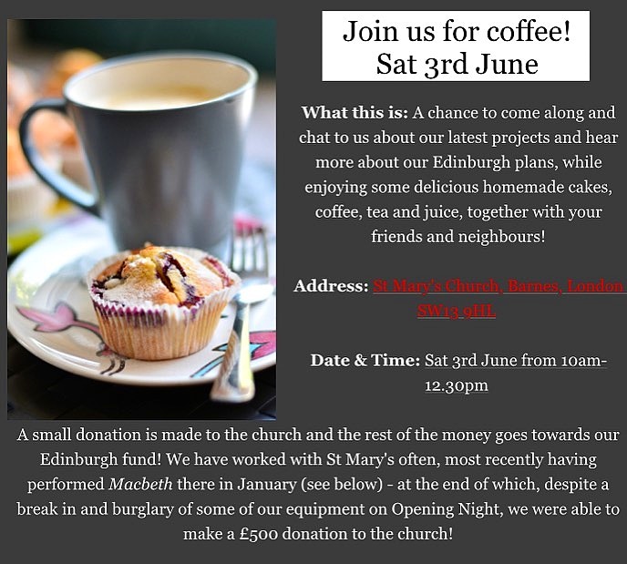 ekingfarlow's tweet photo. If you're anywhere near @stmarybarnes, Barnes SW13 tomorrow (Sat 3 Jun) come on down to our fundraising coffee morning ☕🍰 &amp; help us raise some money for @shadowroad's trip to the @edfringe, where we're performing both #Macbeth &amp; @SecretStories4U with @theSpaceUK venues! 🎉🏴󠁧󠁢󠁳󠁣󠁴󠁿🎭 https://t.co/8JSBjT6BxV