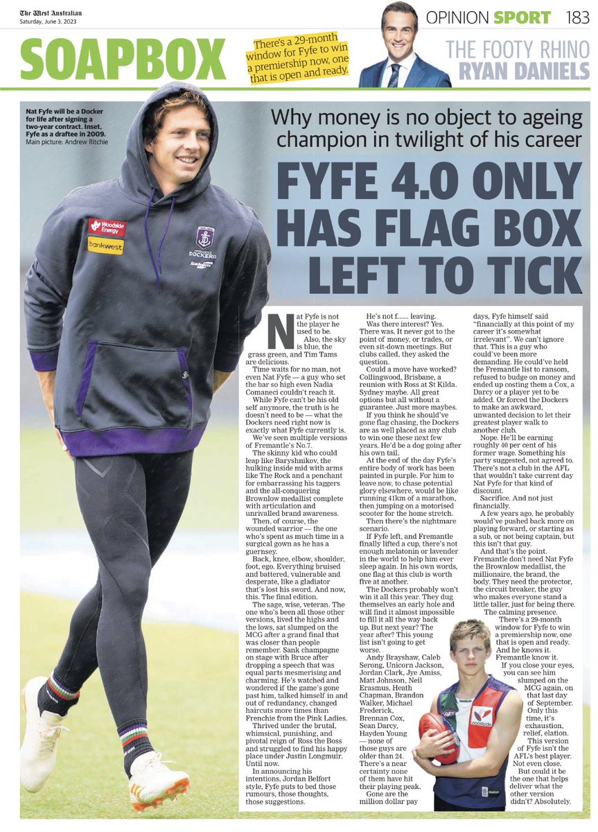 Todays column in the <a href="/westaustralian/">The West Australian</a>. 

The final version of Nat Fyfe, the one <a href="/freodockers/">Fremantle Dockers</a> need the most.