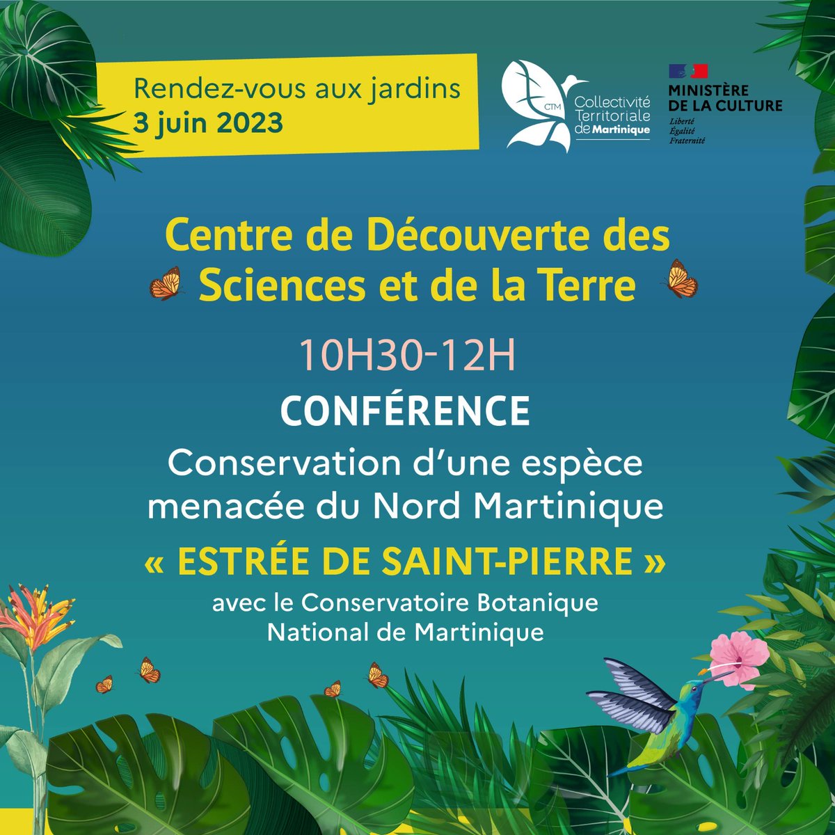 CTM_Martinique's tweet photo. #RendezVousAuxJardins 🦋
Conférence : "#ESTREE de Saint-Pierre" à 10h30 au #CDST.
👉 La conférence animée par le Conservatoire Botanique National de Martinique, sera suivie de la plantation d'une parcelle de cette espèce sur le site du CDST afin d'en suivre l'évolution. https://t.co/Zh1wbeGmWx