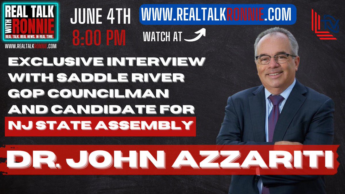 RonaldJosephLin's tweet image. SUNDAY @ 8:00 PM, “Real Talk With Ronnie” has an exclusive interview with my good friend and esteemed physician, Dr. John Azzariti who is the official GOP Candidate for NJ State Assembly (District 39)!

Watch the show at RealTalkRonnie.com