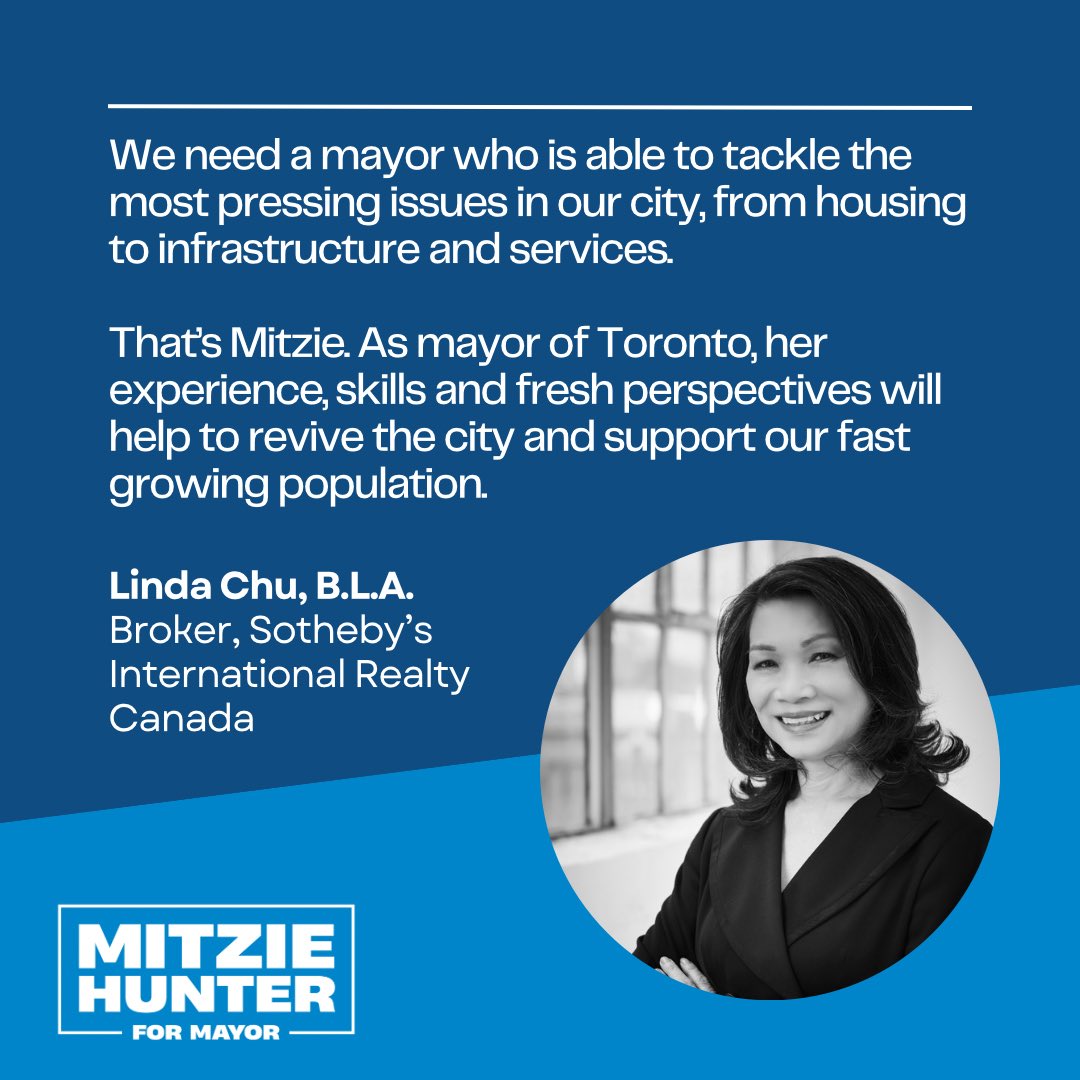 MitzieHunter's tweet photo. Thank you, Linda Chu, for your endorsement and support! 

#TOpoli #TorontoMayor https://t.co/UIGSSTTny9