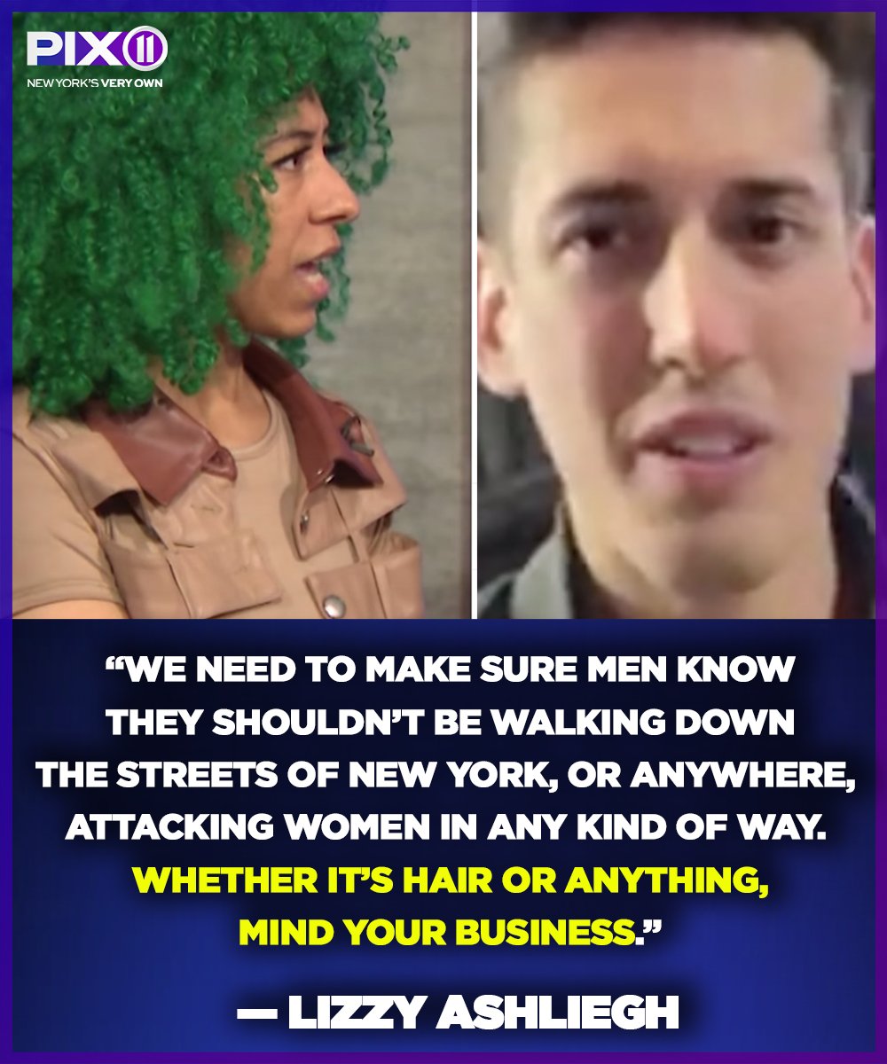PIX11News's tweet photo. A woman was walking through Herald Square in Midtown Manhattan early Monday morning when she says a man suddenly ripped her green wig from her scalp.

She grabbed her phone and confronted the man and asked him to apologize, but she says that he laughed in her face. https://t.co/y7oh6VUXex