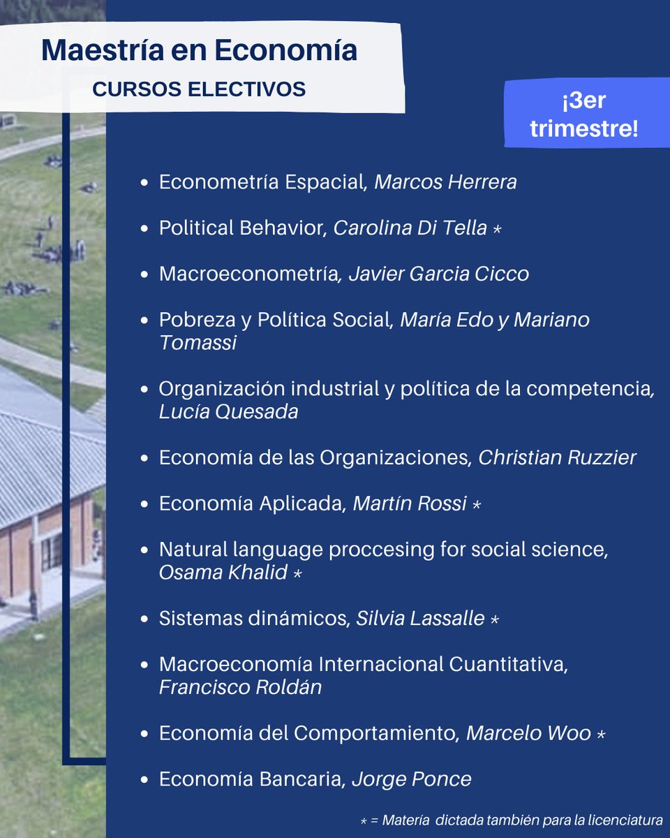 EconUdesa's tweet photo. 🙌 Esta es la oferta de cursos optativos para la Maestría en Economía de este año! Hay tantas opciones que es difícil elegir🤔

🎓 Si sos graduado y te interesa alguno, escribinos!

📝 Si no, inscribite a nuestra próxima reunión informativa para saber más: https://t.co/K5RLKgkRcd https://t.co/IbG361C7mE