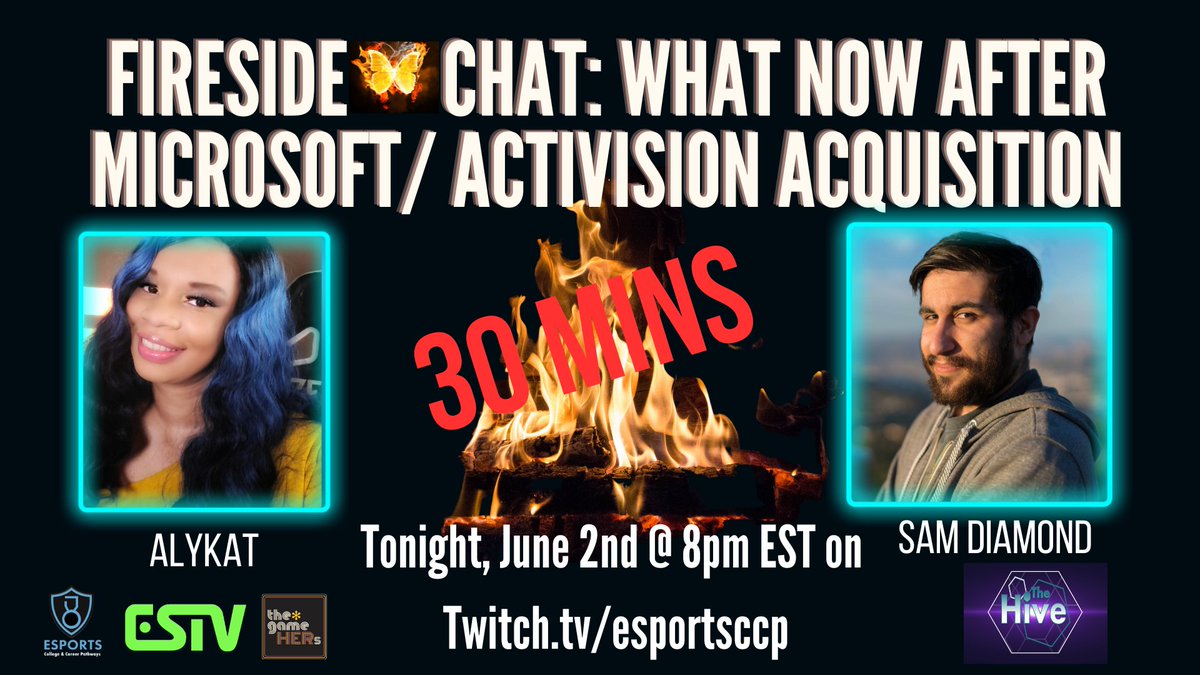 Esports College & Career Pathways (@esportsccp) on Twitter photo It's almost time!🕔 Join us for a fireside chat at 8pm EST on twitch.tv/esportsccp as our host <a href="/thatsoalykat/">Aly</a> & <a href="/The8uffalo/">Sam Diamond</a> chat about the state of #esports and #gaming after the #Microsoft/#Activision acquisition!
<a href="/estvesportstv/">ESTV - Esports TV</a>
<a href="/thegamehers/">the*gamehers</a> It's almost time!🕔 Join us for a fireside chat at 8pm EST on twitch.tv/esportsccp as our host <a href="/thatsoalykat/">Aly</a> & <a href="/The8uffalo/">Sam Diamond</a> chat about the state of #esports and #gaming after the #Microsoft/#Activision acquisition!
<a href="/estvesportstv/">ESTV - Esports TV</a>
<a href="/thegamehers/">the*gamehers</a>