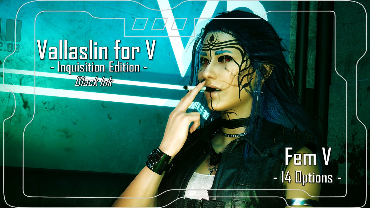 After over a week of work and many friends submitting screenshots (Cubfan82, Rosslin, OfficiallyJewls, JSILVERHVND, Halkuonn) I have officially published my 1st mod; every Vallaslin option from Dragon Age Inquisition available as a VTK tattoo overlay!!!! 

nexusmods.com/cyberpunk2077/…