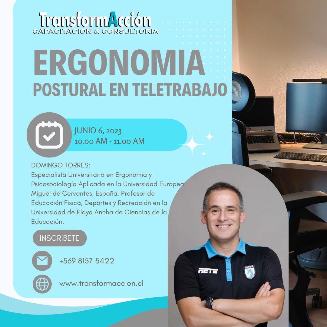 TorresLife2003's tweet image. TODOS INVITADOS.
📌 Transformaccion
🎉 Webinar gratuito ""Ergonomia Postural en Teletrabajo"
🗓Martes 06 de Junio ⏰ 10:00 am hora de Chile.
💻A través de ZOOM y CANAL YOUTUBE de Transformaccion.cl.
📲 Inscríbete aquí: forms.gle/LrPxGmmUBBg1HA…
#teletrabajo #transformacción