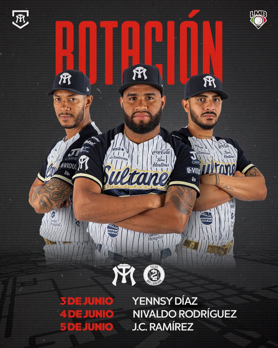 ¡VAMOS, VAMOS, VAAAMOS SULTANES!

Te presentamos nuestra rotación abridora para nuestros duelos ante 🆚 #Tecolotes. 

⚾️ Yennsy Díaz
⚾️ Nivaldo Rodríguez
⚾️ J.C. Ramírez 

#RegresamosXla11 🏆
