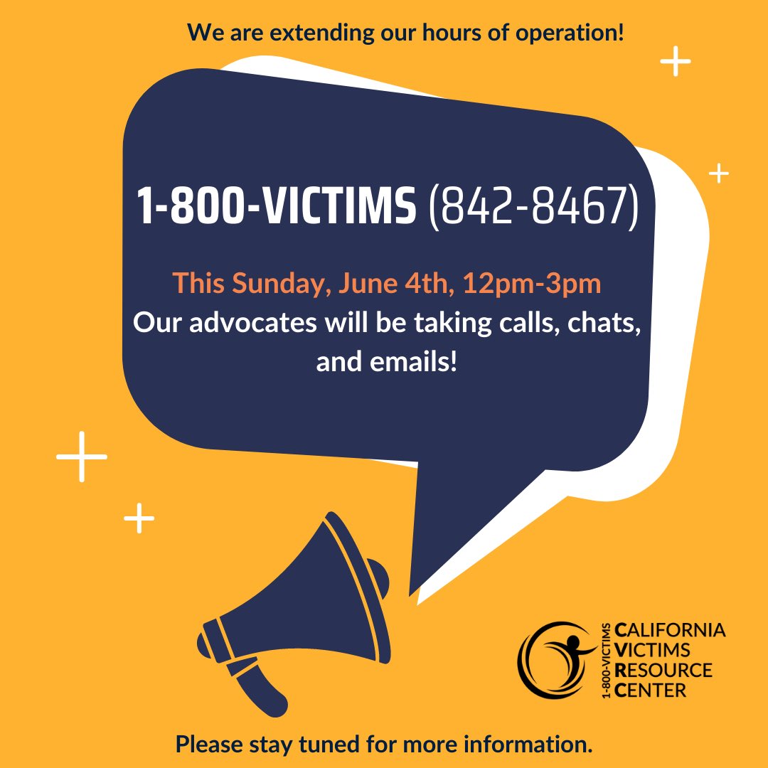 1800VICTIMS's tweet image. The California Victims Resource Center is extending hours of operation. #1800victims #cvrc #gethelpnow