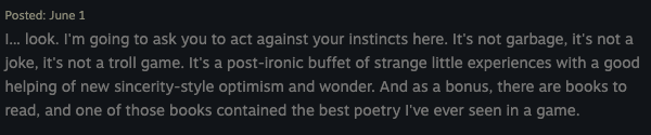 simplysylvio's tweet photo. Here is the first paragraph and the last paragraph of a new Steam review of the Tux and Fanny game. Feels nice when people really engage with the game and pickup on what you were laying down  🥹  Just a reminder that it's still on sale on Steam/Itch and now available on PS4 + PS5 https://t.co/D8IHZe1jca