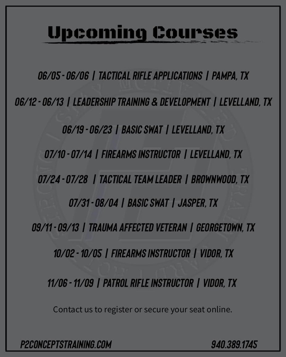 p2_concepts's tweet photo. We have added a few more courses to the calendar!
#p2conceptstraining 
#p2concepts #SWAT #police 
#LawEnforcementTraining #Patrol #tactical 
#SWATTraining #policetraining #TrainingDay #StayMotivated 
#TrainHard #HoldStrong #Tactics #FirearmsTraining 
#OfficerSurvival https://t.co/EzUHgcnw8u