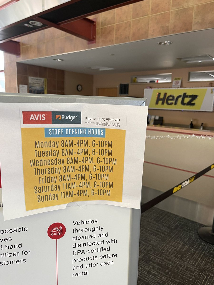 @Hertz Your service at the Central IL Regional airport is lousy.  Your system allowed me to book a reservation and I arrive to the counter and it was closed during operation hours.  I waited for an hour.  #lousycustomerservice #avoidhertz #bloomingtonillinois #poorbusiness