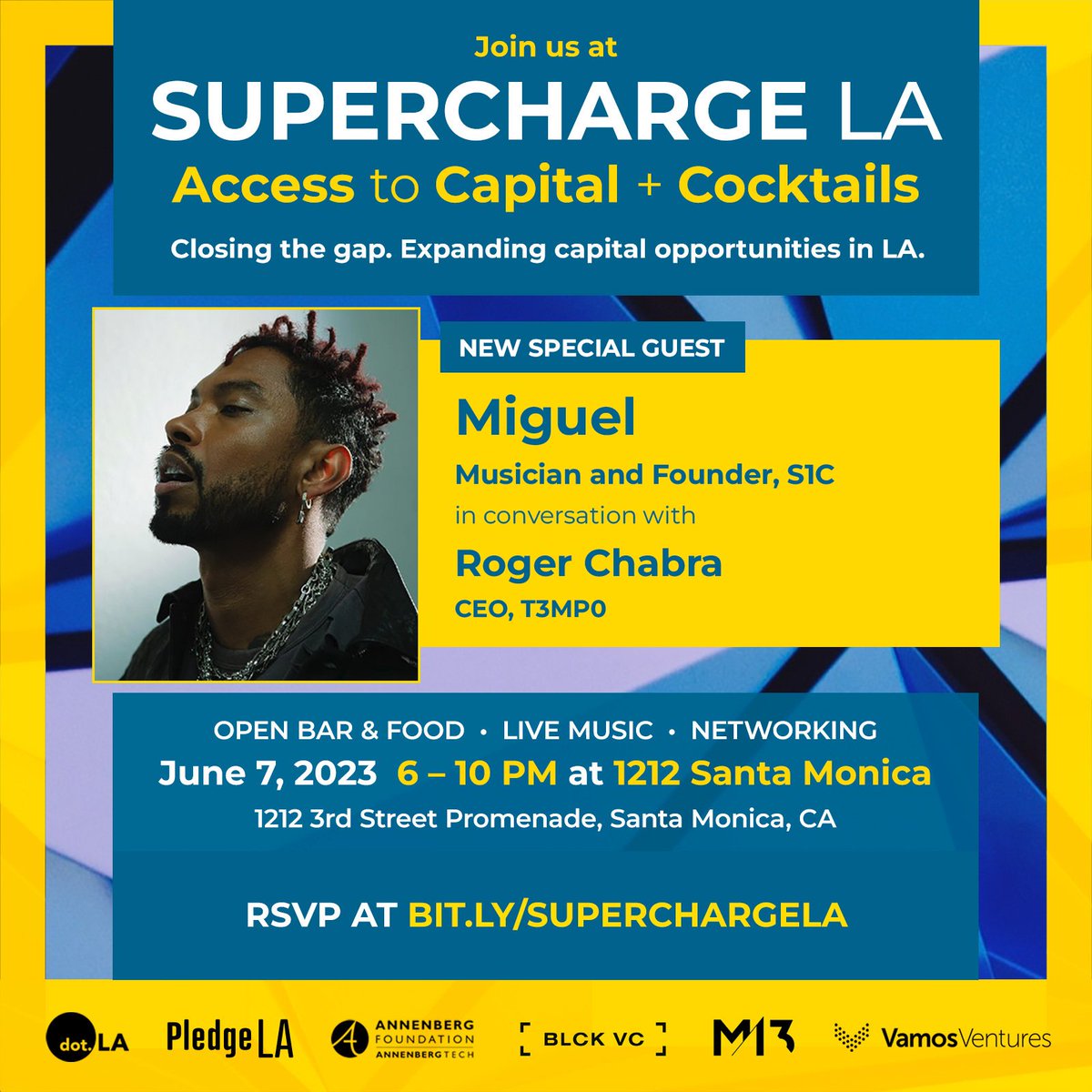 dot.LA (@dotla) on Twitter photo 🗣️#SUPERCHARGE just got even more exciting 👀
We’re thrilled to announce that musician and founder of SC1 <a href="/Miguel/">Miguel</a> will be joining us next week at #SuperchargeLA, discussing #Web3 with <a href="/rchabra/">ʀᴏɢᴇʀ ᴄʜᴀʙʀᴀ</a>, CEO of <a href="/_T3MP0/">𝐓 Ӡ 𝐌 𝐏 ʘ</a>! <a href="/Techweek_/">Tech Week</a> <a href="/spencerrascoff/">Spencer Rascoff</a>
Register here: bit.ly/45VYx46. 🗣️#SUPERCHARGE just got even more exciting 👀
We’re thrilled to announce that musician and founder of SC1 <a href="/Miguel/">Miguel</a> will be joining us next week at #SuperchargeLA, discussing #Web3 with <a href="/rchabra/">ʀᴏɢᴇʀ ᴄʜᴀʙʀᴀ</a>, CEO of <a href="/_T3MP0/">𝐓 Ӡ 𝐌 𝐏 ʘ</a>! <a href="/Techweek_/">Tech Week</a> <a href="/spencerrascoff/">Spencer Rascoff</a>
Register here: bit.ly/45VYx46.
