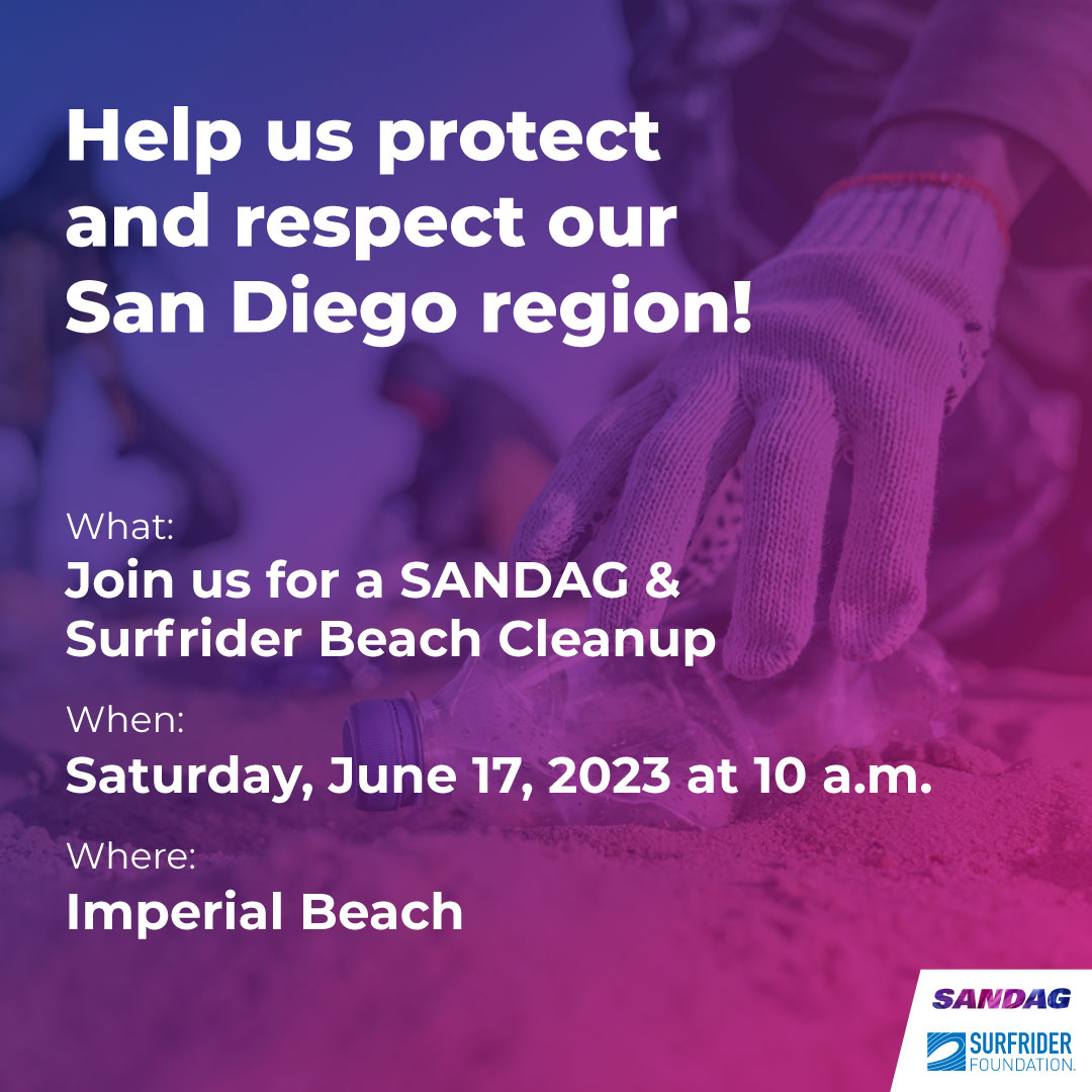 🌊 You’re invited! Join us for a #SANDAG and <a href="/SurfriderSD/">Surfrider San Diego</a> beach cleanup on Saturday, June 17 at 10 a.m. in Imperial Beach.

Bring your reusable water bottle and help us protect our San Diego region!  

☀️ Register here:  bit.ly/3N9t5I9

#CleanBeaches #ImperialBeach
