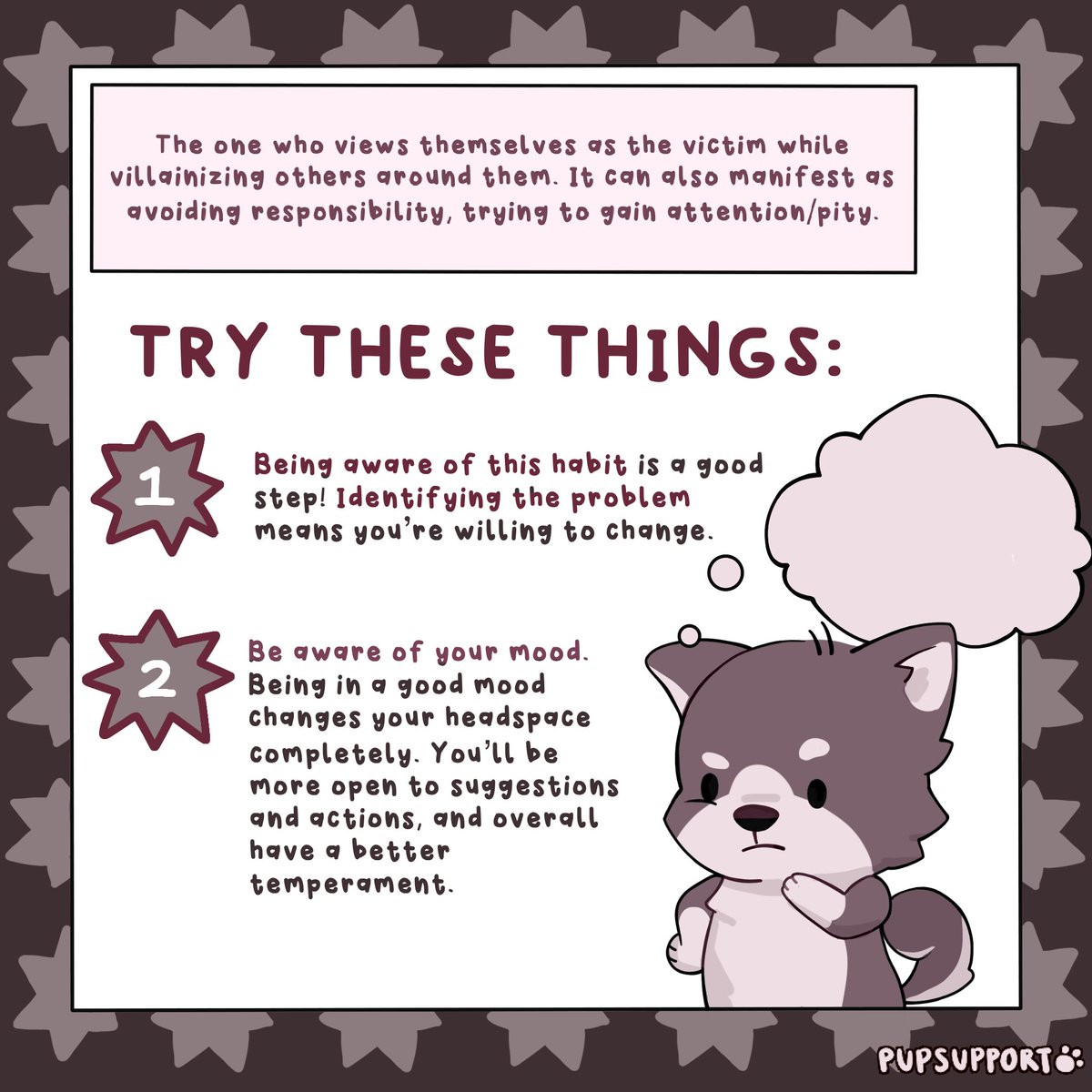 pup_support's tweet photo. Concluding our self-sabotage series, we address the self-victimizer. In tough times, we may victimize ourselves and villainize others to cope. This defense mechanism harms us and those around us, but awareness sparks change. Remember, you're capable of overcoming life's hurdles. https://t.co/7N2RDsUMYM