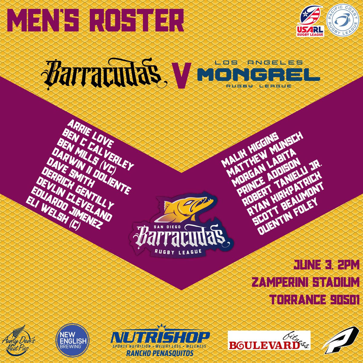 SD_Barracudas's tweet photo. The PCRL men's season is here! The boys head up the 5 to take on the puppies tomorrow, and here is your roster.
#rugbyleague #Rugby #SanDiego #SDvsEverybody
https://t.co/uXmJyxLxFw https://t.co/nH8slSQC75