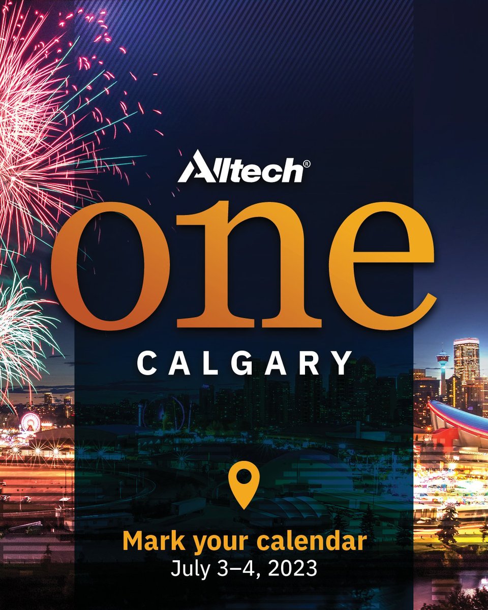 Alltech's tweet photo. We are excited to announce that the #AlltechONE World Tour will travel to Calgary, Alberta, Canada, on July 3-4, 2023!

Alltech ONE Calgary will explore collaborative solutions to the challenges facing the agri-food industry in the Canadian marketplace. https://t.co/ldxGAJHCBE https://t.co/nAT0qAyKQ3
