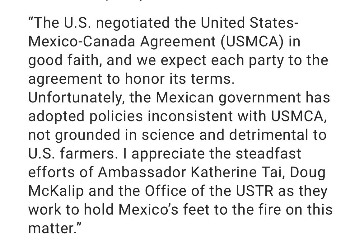 Ranking Member @JohnBoozman  on @USTradeRep request for dispute settlement consultations with Mexico over its biotech policy ⤵️