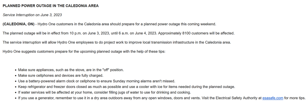 Media371's tweet image. Planned power outage scheduled for 10pm on Saturday night until 6am on Sunday morning in the #Caledonia area. Approximately 8100 @HydroOne customers will be affected.