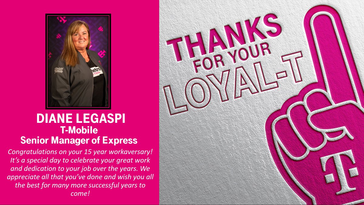 Congratulations to @DianeLegaspi for 15 amazing years creating Magenta Magical Moments at @TMobile & @MetroByTMobile! Your love for the brand, your partners and most importantly the frontline makes your WOW FACTOR! Thank you and to many more decades to come!