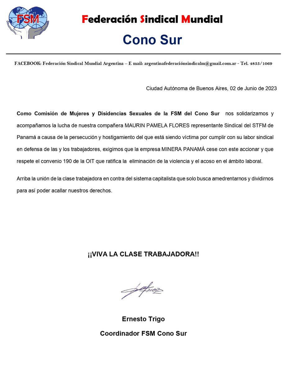 FsmArg's tweet image. Como Comisión de Mujeres y Disidencias Sexuales de la FSM del Cono Sur nos solidarizamos y acompañamos la lucha de nuestra compañera MAURIN PAMELA FLORES representante Sindical del STFM de Panamá a causa de la persecución y hostigamiento del que está siendo víctima.