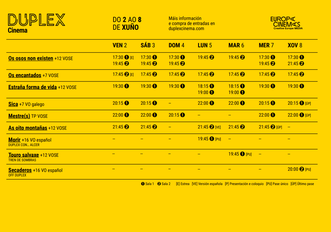 duplex_cinema's tweet photo. 💥 Carteleira renovada!

🎬ESTREAS:
🎞️ OS OSOS NON EXISTEN (Jafar Panahi)
🎞️ OS ENCANTADOS (Elena Trapé)  

🎟️ https://t.co/N5PKBxGK4n

#duplexcinema #duplexferrol #estreas #losososnoexisten #jafarpanahi #panahi #losencantados #elenatrape #lesencants https://t.co/fFPeQP1kJD