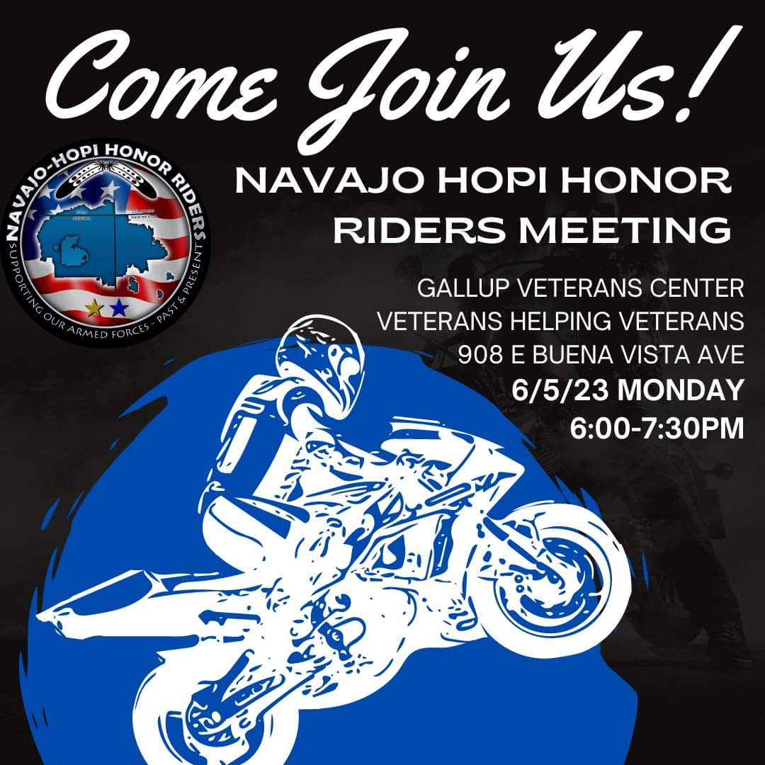 NHHRiders's tweet photo. Navajo Hopi Honor Riders Meeting on 6/5/23 Mon at Gallup Veterans Center, Veterans helping Veterans, 908 E Buena Vista Ave, Gallup, NM 
6:00pm-7:30pm #NAVAJOHOPIHONORRIDERS https://t.co/kk9O4NncAT