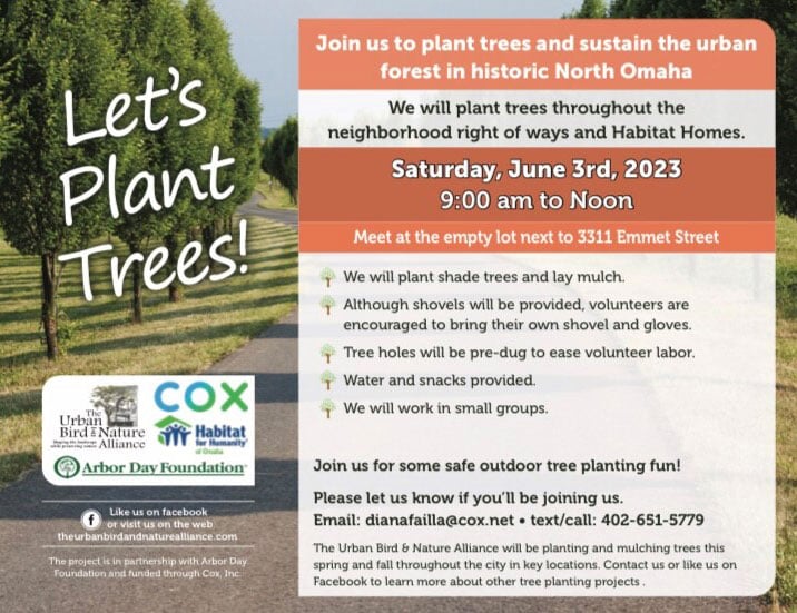 We all appreciate shade from trees on a hot summer day.  Join the Urban Bird and Nature Alliance and other volunteers to plant shade trees tomorrow Saturday, June 3, 2023. Water and snacks are provided, with tree holes dug before volunteer planting.