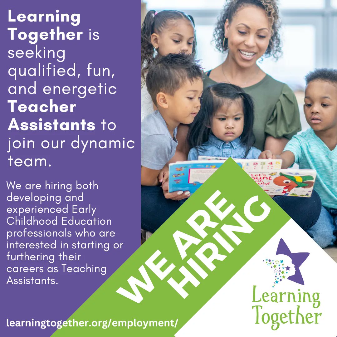 Now Hiring // Learning Together is seeking qualified, fun, and energetic  Teacher Assistants to join our dynamic team. We are hiring both developing and experienced Early Childhood Education professionals. More info + to apply: buff.ly/3FByO46