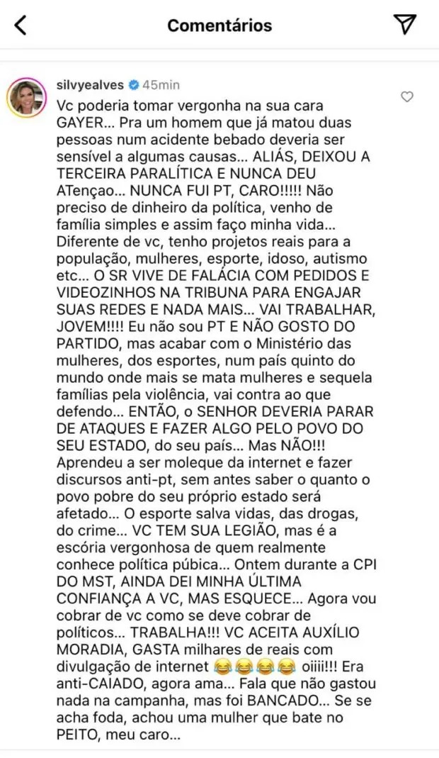 lazarorosa25's tweet photo. O comentário da Deputada Silvye Alves que o Deputado Gustavo Gayer apagou no Instagram. https://t.co/WutEHMcCyD