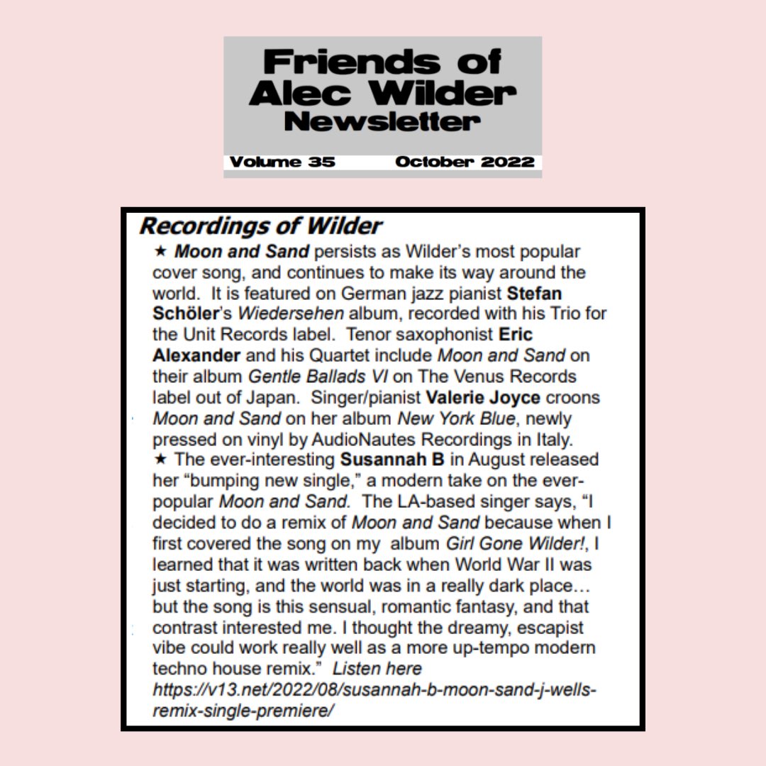 My recent #housetechno remix “Moon &amp; Sand (j. wells Remix)” was featured in the “The Friends of Alec Wilder” newsletter. The song comes from my “Girl Gone Wilder!” album which is a tribute to the legendary jazz composer🎶 #Alecwilder #jazz #jazzmusic #technohousemusic