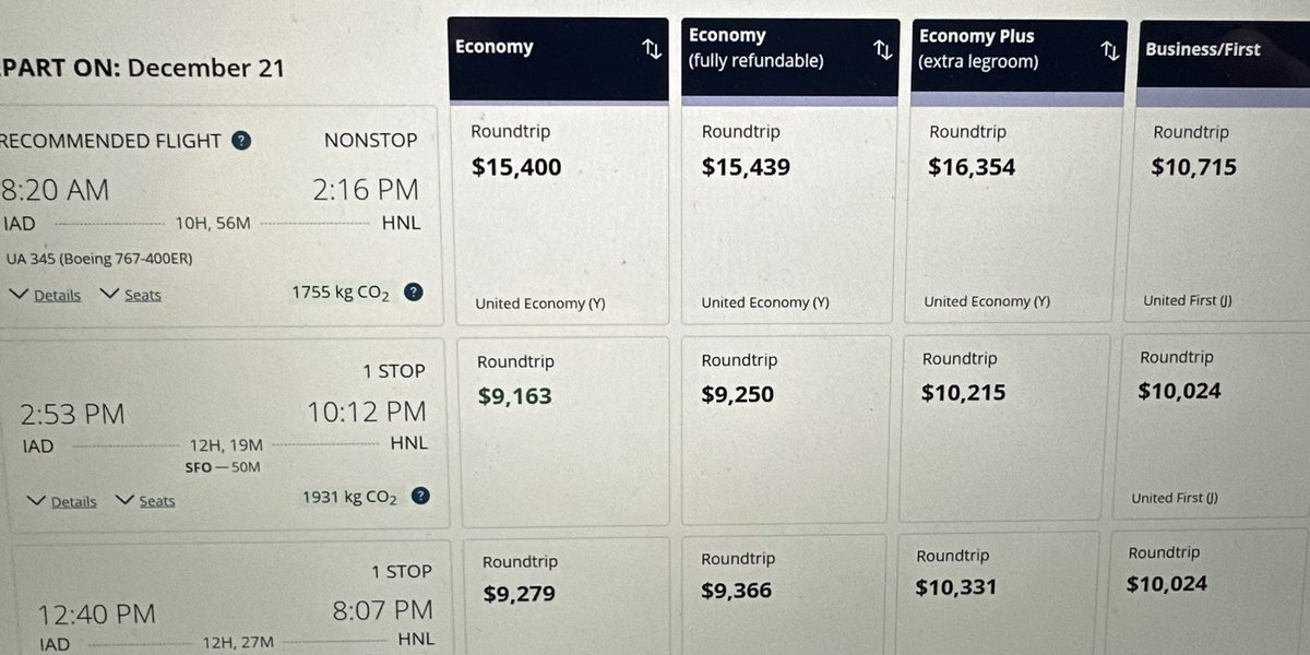 mosiphine's tweet photo. @united I’ve spoken with several representatives and no one can explain to me 1. Why Business class is more than 50% less than Economy &amp; 
2. Why your fares are $14000 more than @SouthwestAir &amp; @Delta 
#makeitmakesense https://t.co/hUXNww9ChN