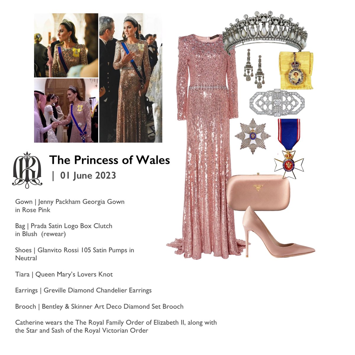 Remisagoodboy's tweet photo. When we posted Catherine’s evening look for the #RoyalWeddingJordan - we didn’t have really good images. 
So we are taking the liberty of reposting, so as to share all the elements of this amazing ensemble. .  . and just because it is our Iconic Princess of Wales, she deserves to be posted twice 💕

@dagmar_Marie77 #PrincessofWales