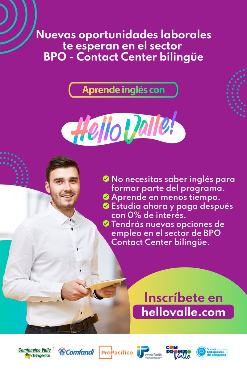 ¿Te gustaría estudiar inglés y conseguir un empleo formal? ¡El Programa #HelloValle es para ti! Puedes iniciar tu formación en julio para aprender un segundo idioma y abrir las puertas al mercado laboral en el mundo del #BPO bilingüe.

Inscripciones ➡ hellovalle.com