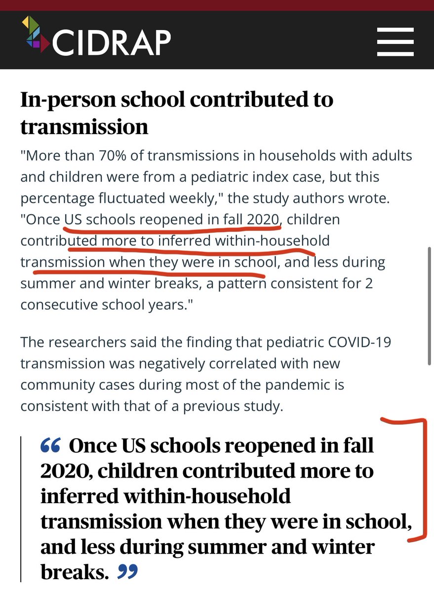 ⚠️Over 70% of household #COVID19 spread **started with a child**, says new study of 850,000 US households. Younger kids under 8 more likely source of transmission than kids 9-17. 📌In-person schools “also resulted in substantial spread”. Just the facts. 🧵 cidrap.umn.edu/covid-19/more-…