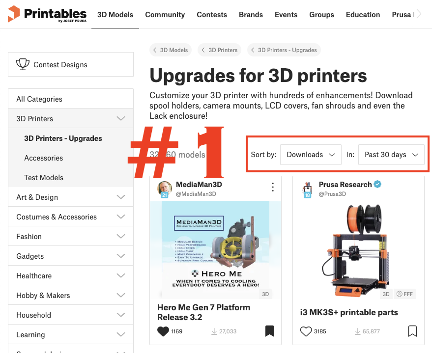 mediaman3d's tweet photo. What was a 7 day streak, is now 30 days! Hero Me Gen 7 is still in first place for 3D Printer Upgrade Downloads, beating out Prusa's own MK3S+ printable parts. Help keep this streak alive & upgrade your printhead using Hero Me Gen7! #herome #streak #3dprinting @josefprusa https://t.co/jERNFwuJDt