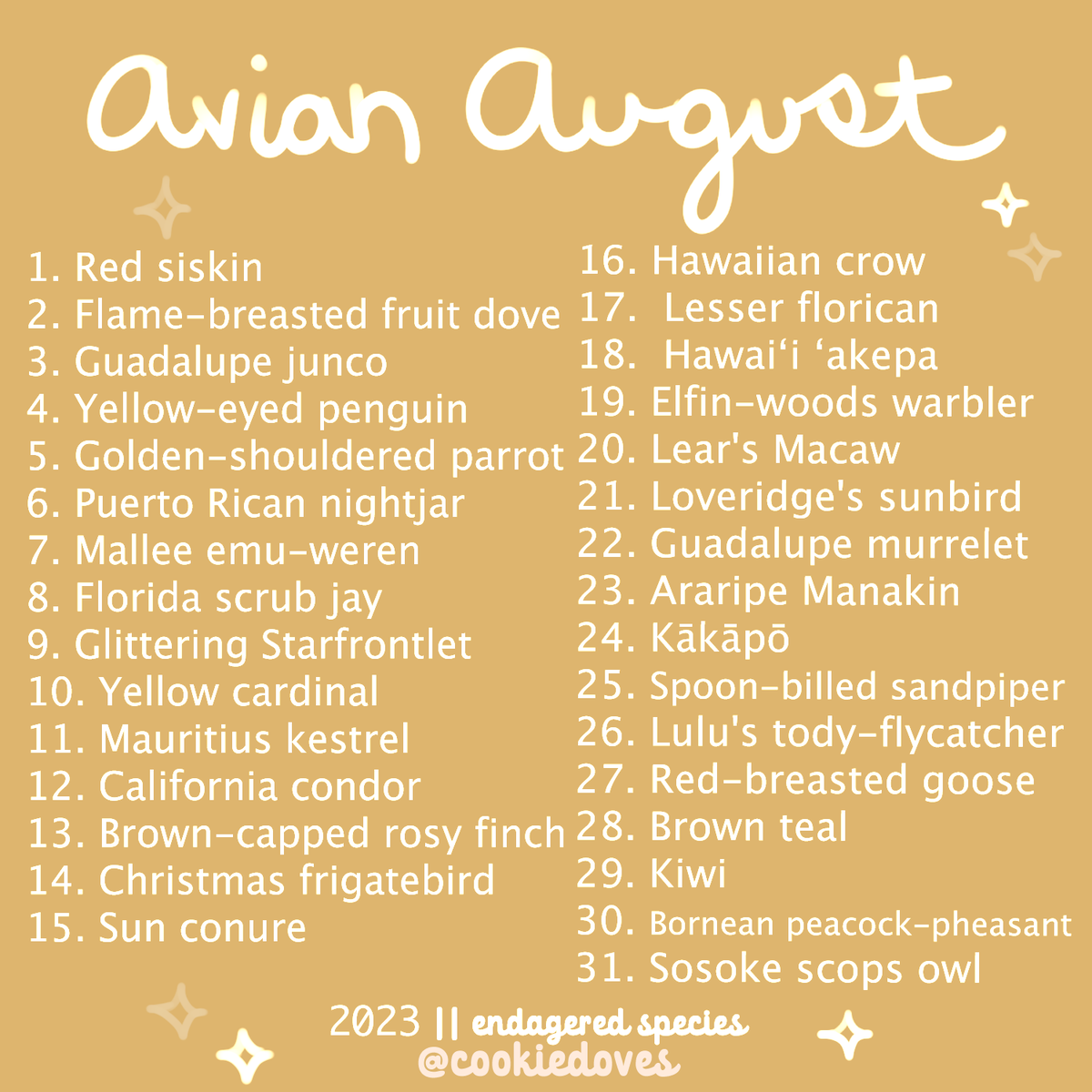 cookiedoves's tweet photo. ✨ #AvianAugust2023 drawing prompt list! https://t.co/7l7qnhn2Yj
