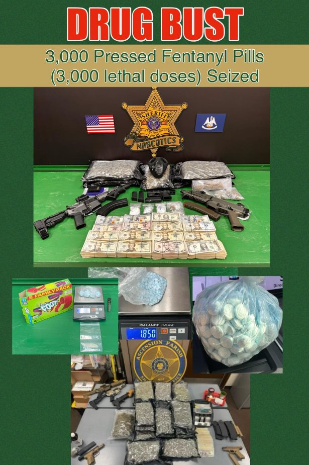 Off the streets🚨

Baton Rouge DEA agents with <a href="/EBRSheriff/">E.BatonRouge Sheriff</a>, Central PD &amp; Ascension Parish Sheriff's Office seized: 
💊3000 lethal doses of pressed Fentanyl 
✅an ounce of cocaine
✅20+ lbs of marijuana
✅$80,000+
✅8 firearms

facebook.com/ebrsheriff/pos…
