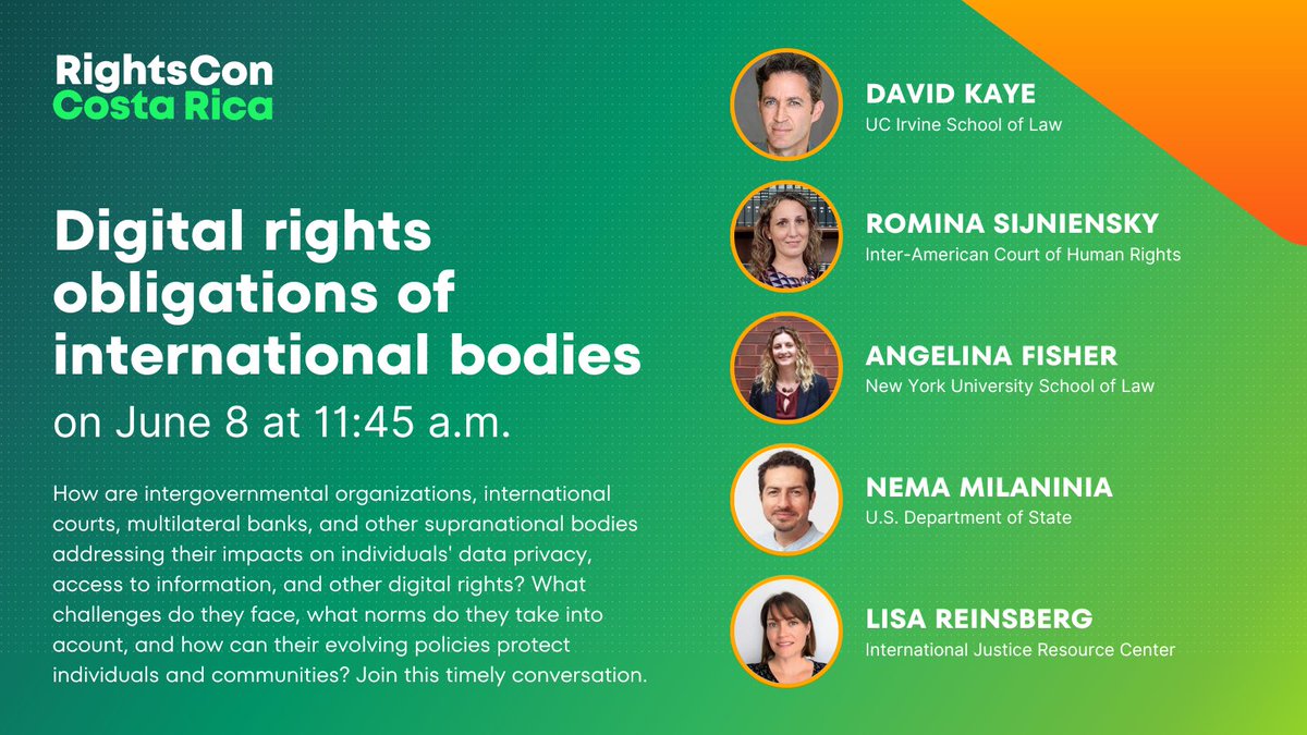 What are the practices and policies w/in international courts, multilateral development banks, and IGOs on individuals' digital rights?

Come find out at #RightsCon from <a href="/davidakaye/">David Kaye</a>, @AngelinaFisherD, Romina Sijniensky (<a href="/CorteIDH/">Corte Interamericana de Derechos Humanos</a>) &amp; Nema Milaninia (<a href="/StateDept_GCJ/">Ambassador-at-Large for Global Criminal Justice</a>)!