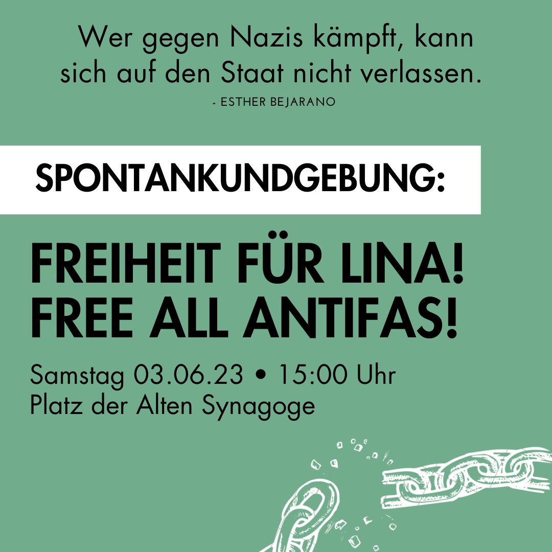 ‼️ Alerta #Freiburg

Am morgigen Samstag findet um 15 Uhr auf dem Platz der Alten Synagoge eine spontane Solidaritätskundgebung für #FreeLina statt.

FREE ALL ANTIFAS!

#fr0306