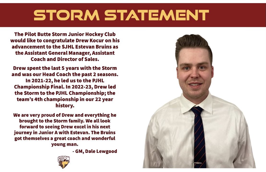 pilotbuttestorm's tweet photo. ❗️STORM ANNOUNCEMENT ❗️

We would like to thank Drew for the past 5 years and best of luck in Estevan!

Comments from President/GM ⬇️

#StormHockey https://t.co/fDnFbTCvWj