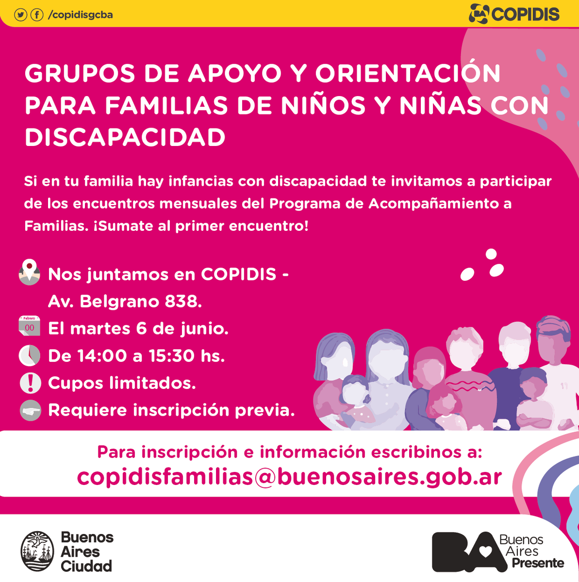 copidisba's tweet photo. 📢| Súmate al próximo encuentro del programa de acompañamiento a familias
📆martes 06 de junio
📍Av.Belgrano 838
⌚️De 14:00 a 15:30 hs
📩copidisfamilias@buenosaires.gob.ar
#PAFAMI https://t.co/cNEptw0Jlm