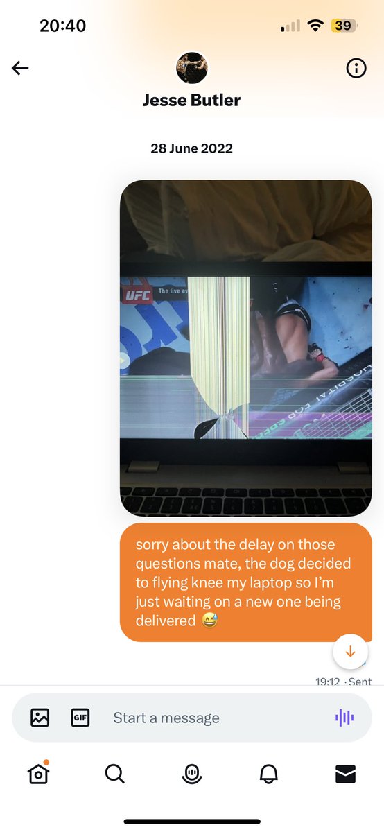 WeWinMMA's tweet photo. Throw back to the time I predicted @Jesse_Butler92 and his rise to the UFC, but my dog killed the interview by destroying my laptop 😅.

He takes on Jim Miller this weekend at #UFCVegas74 https://t.co/zGNunEyRxA