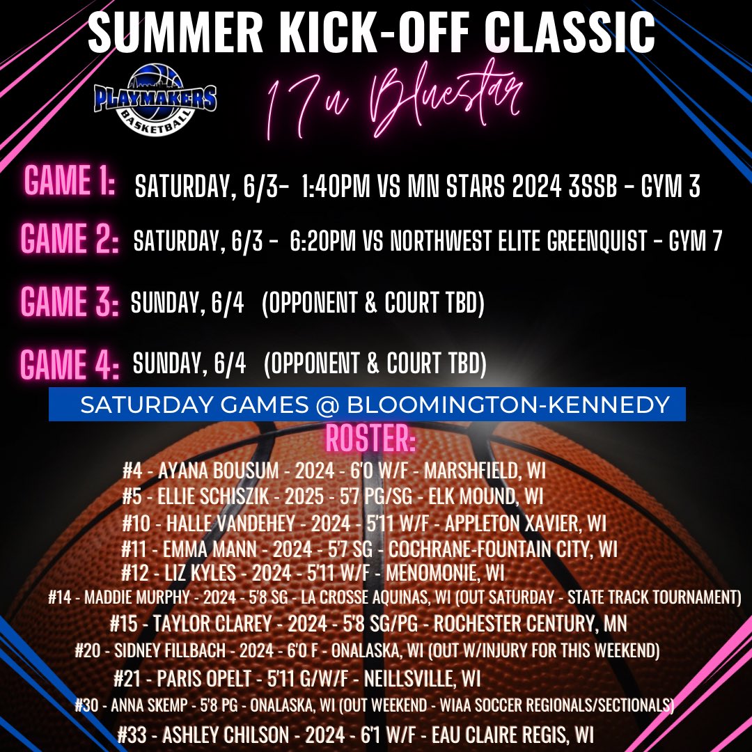 WI Playmakers 17U BSTL & 17U BSSL (@playmkrs17u) on Twitter photo 👀 us this weekend! Summer Kick-Off Classic in Bloomington, MN!
<a href="/AyanaBousum/">Ayana Bousum</a> <a href="/ESchiszik/">Ellie Schiszik</a> <a href="/hvandehey8/">Halle</a> <a href="/Emmamann4411/">Emma</a> <a href="/lizkyles05/">Elizabeth Kyles</a> <a href="/TaylorClarey/">Taylor Clarey</a> <a href="/FillbachSidney/">Sidney Fillbach</a> <a href="/ParisOpelt/">Paris opelt</a> <a href="/anna_skemp/">Anna Skemp</a> <a href="/AshleyChilson33/">Ashley Chilson</a> 👀 us this weekend! Summer Kick-Off Classic in Bloomington, MN!
<a href="/AyanaBousum/">Ayana Bousum</a> <a href="/ESchiszik/">Ellie Schiszik</a> <a href="/hvandehey8/">Halle</a> <a href="/Emmamann4411/">Emma</a> <a href="/lizkyles05/">Elizabeth Kyles</a> <a href="/TaylorClarey/">Taylor Clarey</a> <a href="/FillbachSidney/">Sidney Fillbach</a> <a href="/ParisOpelt/">Paris opelt</a> <a href="/anna_skemp/">Anna Skemp</a> <a href="/AshleyChilson33/">Ashley Chilson</a>