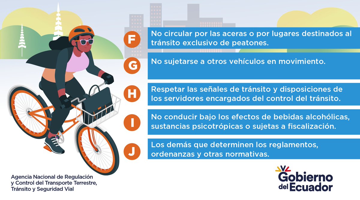 ANT_ECUADOR's tweet photo. 🚲 El biciusuario es la persona que utiliza la bicicleta para sus desplazamientos habituales. Desde la ANT impulsamos una movilidad segura donde todos los actores viales se respeten 👍🏼.
A continuación te presentamos los deberes de los biciusuarios ➡️
#CallesParaLaVida https://t.co/4MIuDueidi
