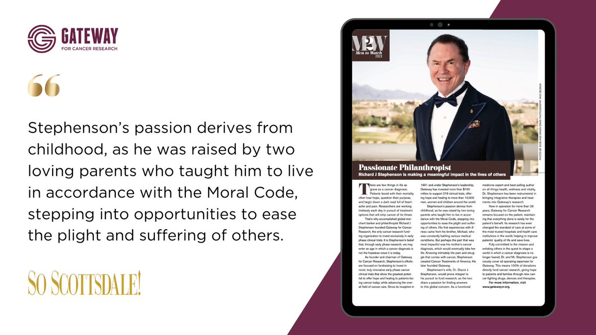 GatewayforCR's tweet photo. Gateway's Founder, Richard Stephenson, was featured as one of So Scottsdale's Men to Watch in 2023 for his dedication to funding #cancerresearch, specifically early phase clinical trials. Read why he has dedicated himself to combatting this disease: https://t.co/HgI3SkJLE2 https://t.co/WU9I0VUXrw